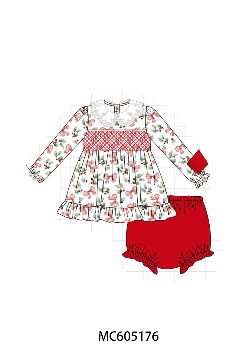 PO92 Red christmas holly bow smocked collection - closing 5/25 - ETA late October