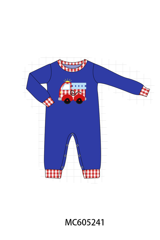 PO92 Blue fire truck applique gingham collection - closing 5/25 - ETA late October