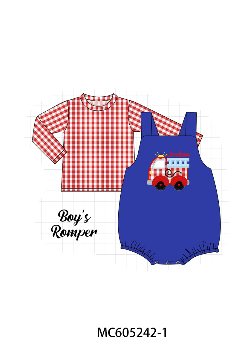 PO92 Blue fire truck monogram embroidery gingham collection - closing 5/25 - ETA late October