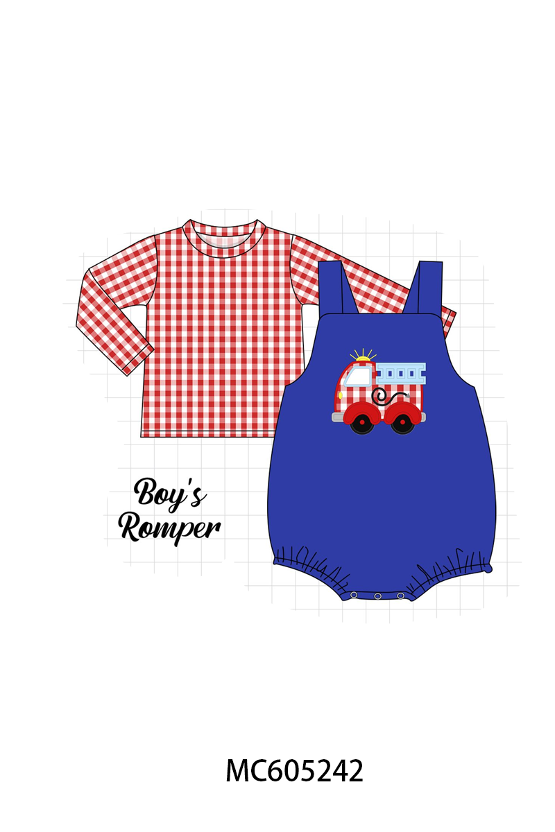 PO92 Blue fire truck applique gingham collection - closing 5/25 - ETA late October
