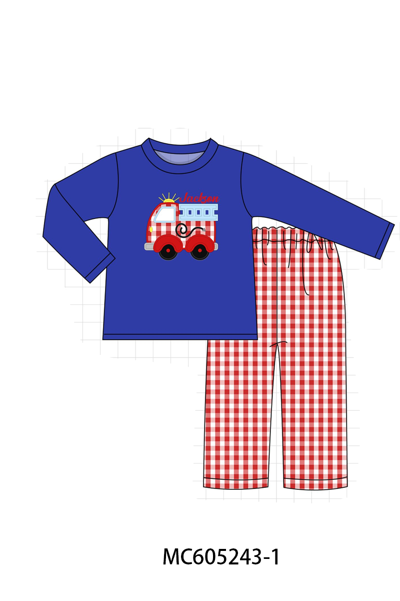 PO92 Blue fire truck monogram embroidery gingham collection - closing 5/25 - ETA late October