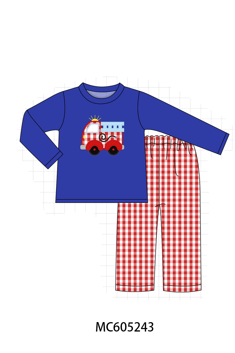 PO92 Blue fire truck applique gingham collection - closing 5/25 - ETA late October