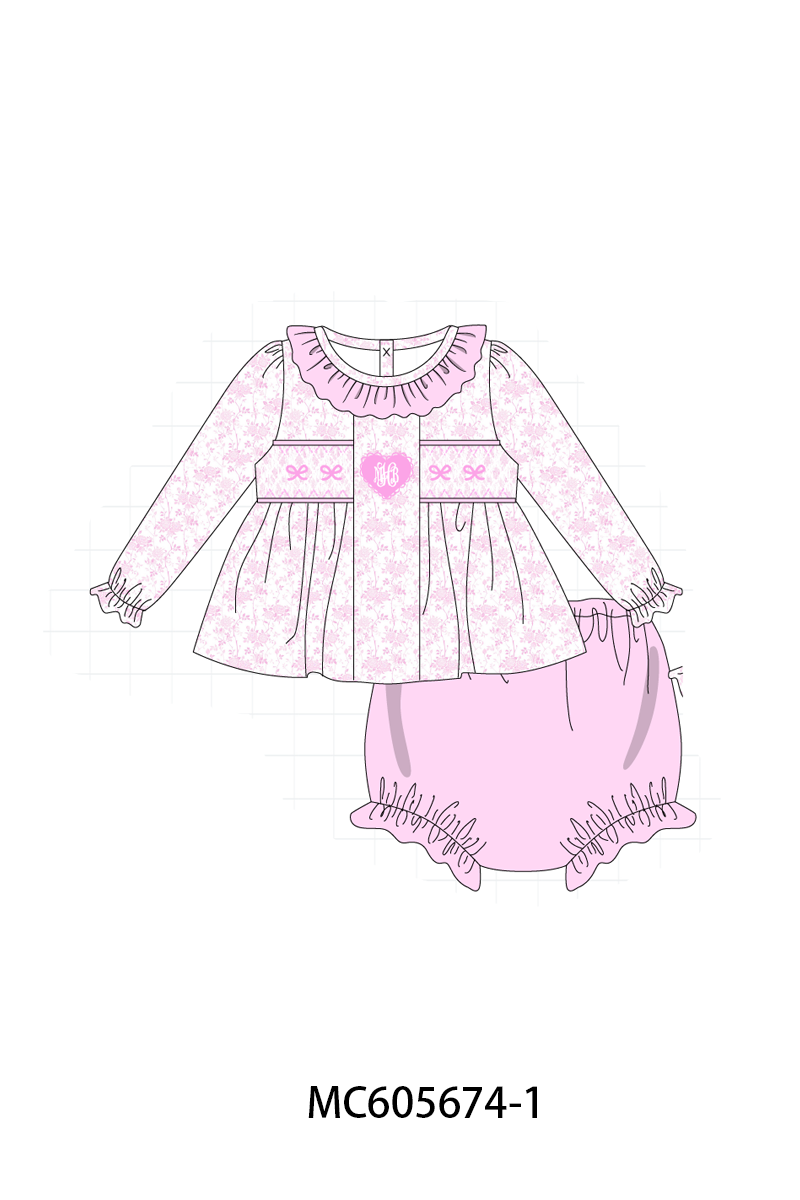 PO95 Pink bow monogram embroidery smocked ruffle collection