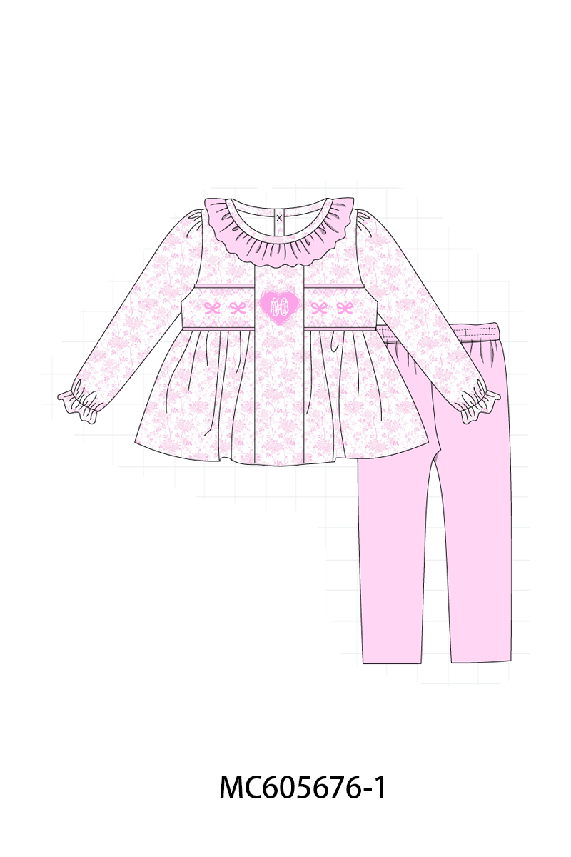 PO95 Pink bow monogram embroidery smocked ruffle collection