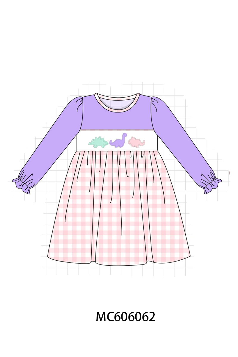 PO95 Purple&mustard dinosaur applique gingham collection
