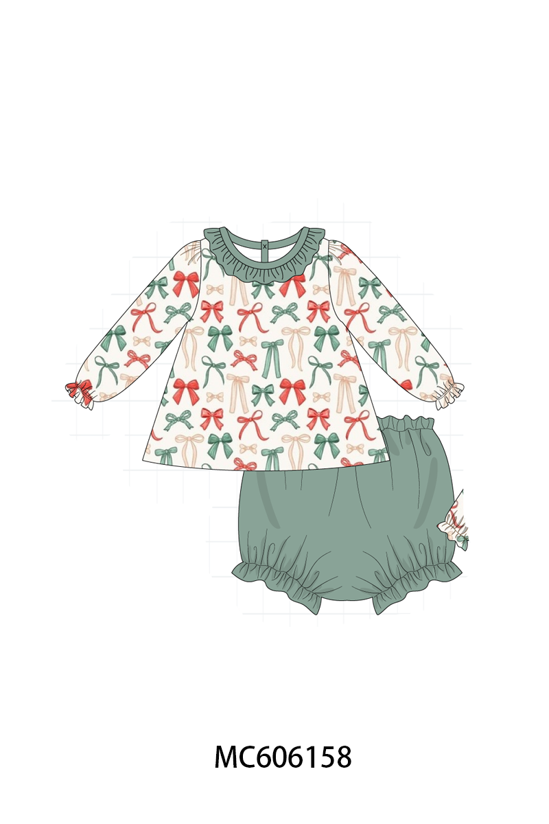PO95 Green holiday bow print ruffle collection