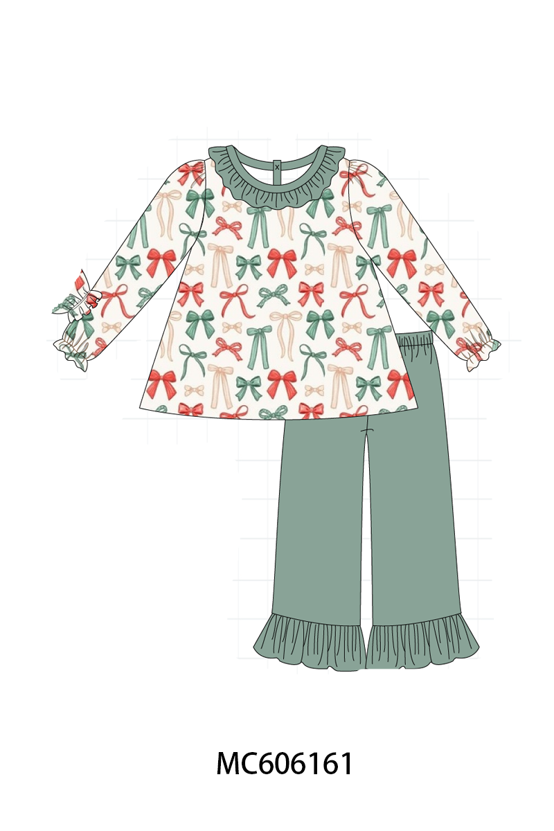 PO95 Green holiday bow print ruffle collection