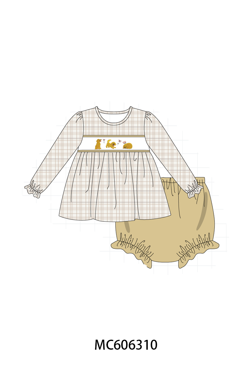 PO95 Brown puppy embroidery plaid collection