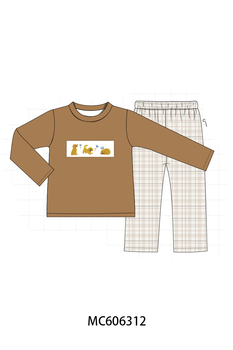 PO95 Brown puppy embroidery plaid collection