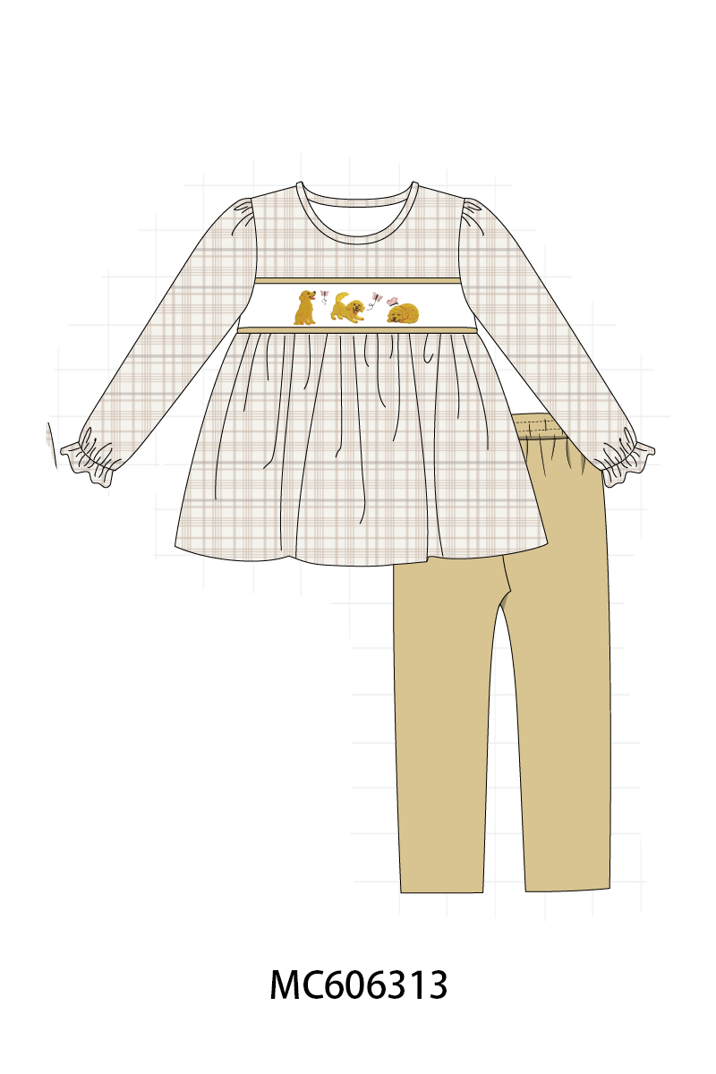 PO95 Brown puppy embroidery plaid collection