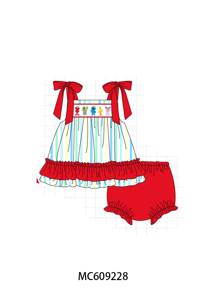 PO104 Red&blue stripe sesame street embroidery ruffle collection  - closing 9/14 - ETA February