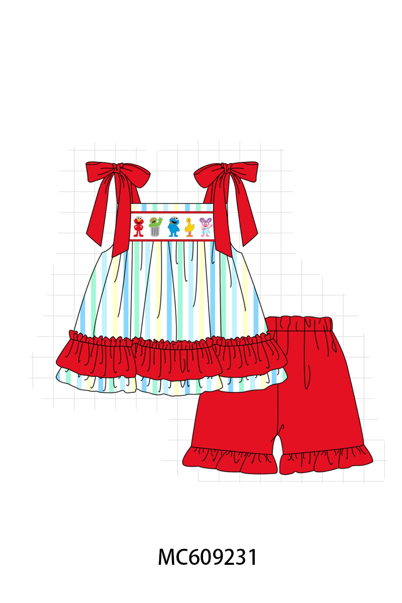 PO104 Red&blue stripe sesame street embroidery ruffle collection  - closing 9/14 - ETA February