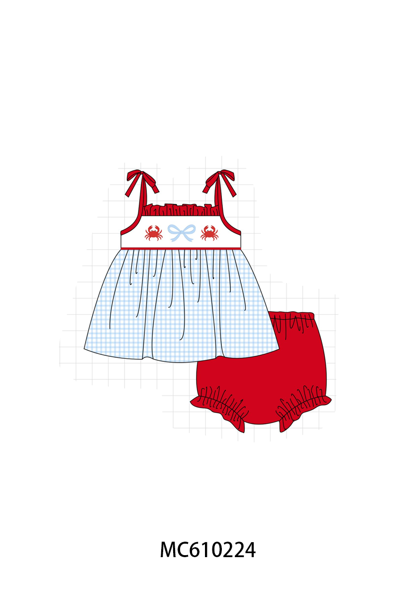 PO108 Blue crab bow embroidery grid ruffle collection - closing 10/26 - ETA march