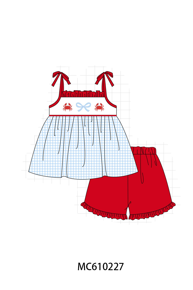 PO108 Blue crab bow embroidery grid ruffle collection - closing 10/26 - ETA march