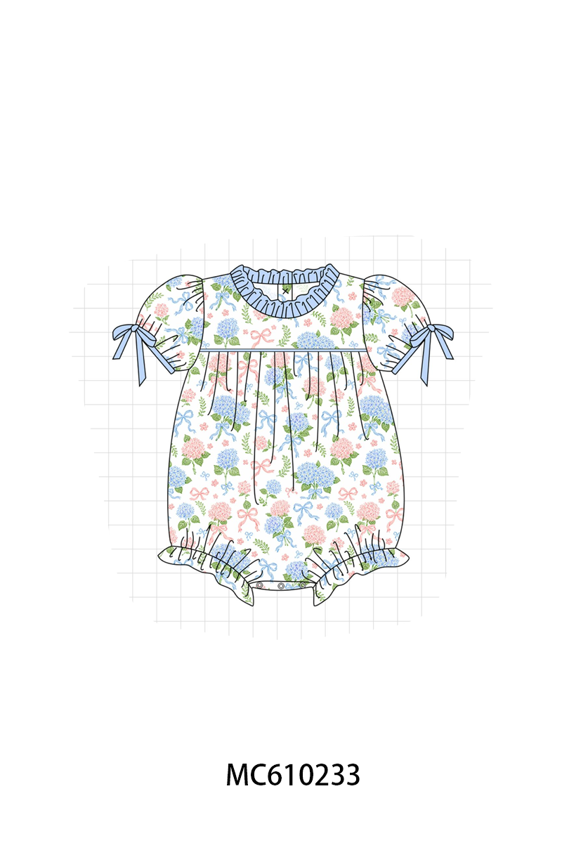 PO108 Blue hydrangea bow print ruffle collection - closing 10/26 - ETA march