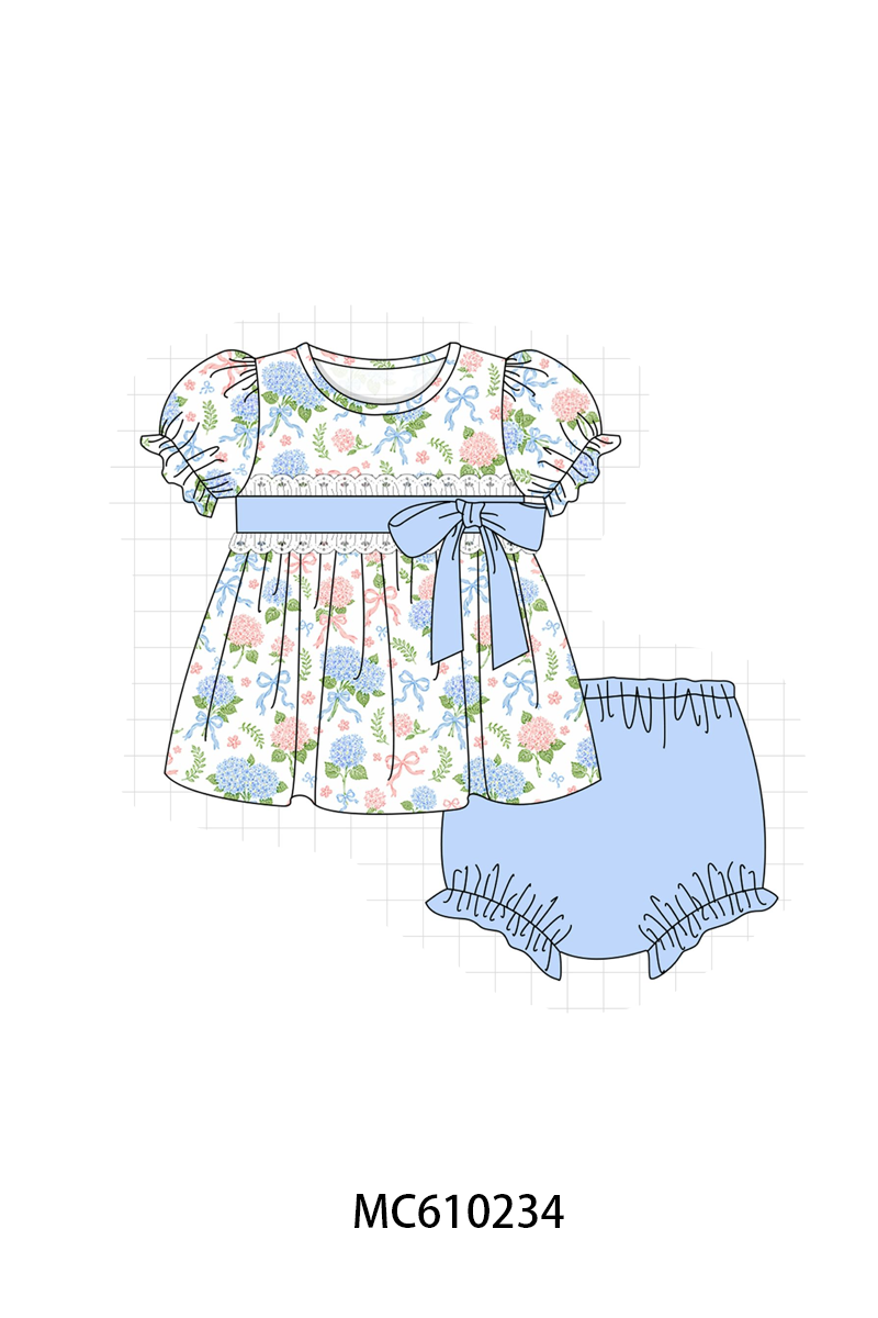 PO108 Blue hydrangea bow print ruffle collection - closing 10/26 - ETA march