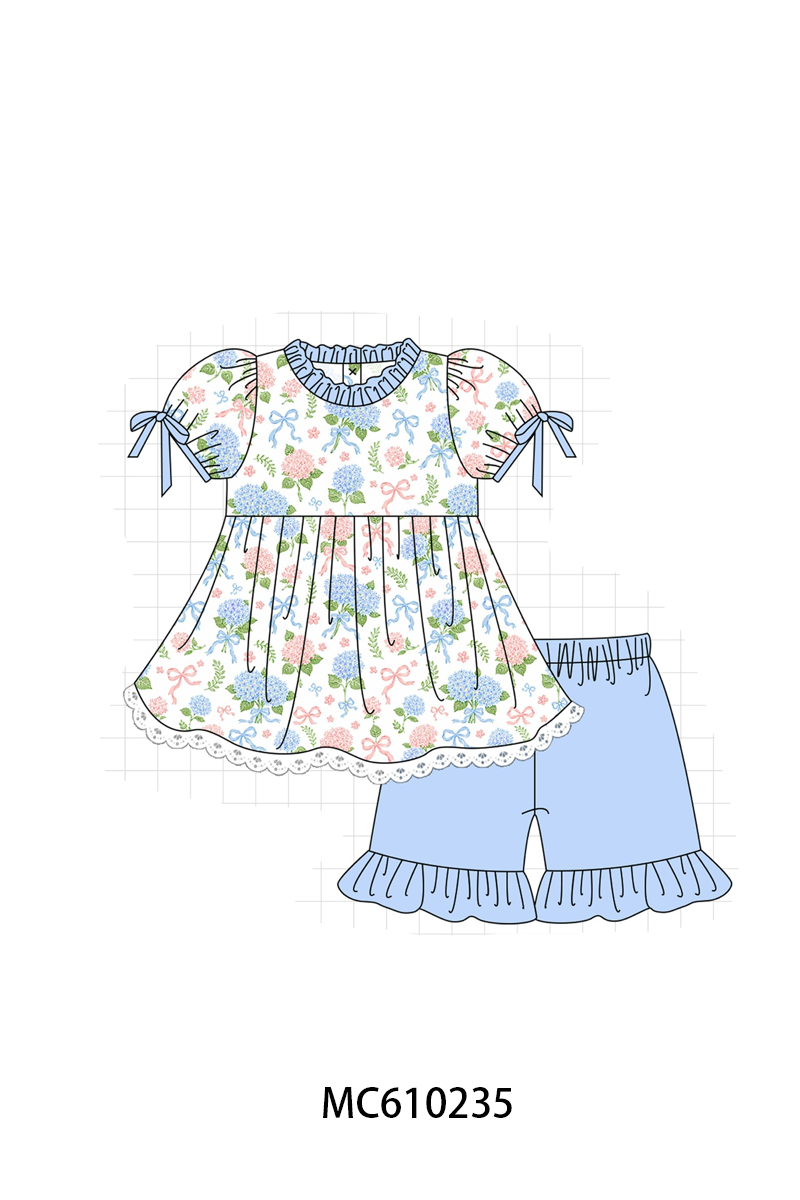 PO108 Blue hydrangea bow print ruffle collection - closing 10/26 - ETA march