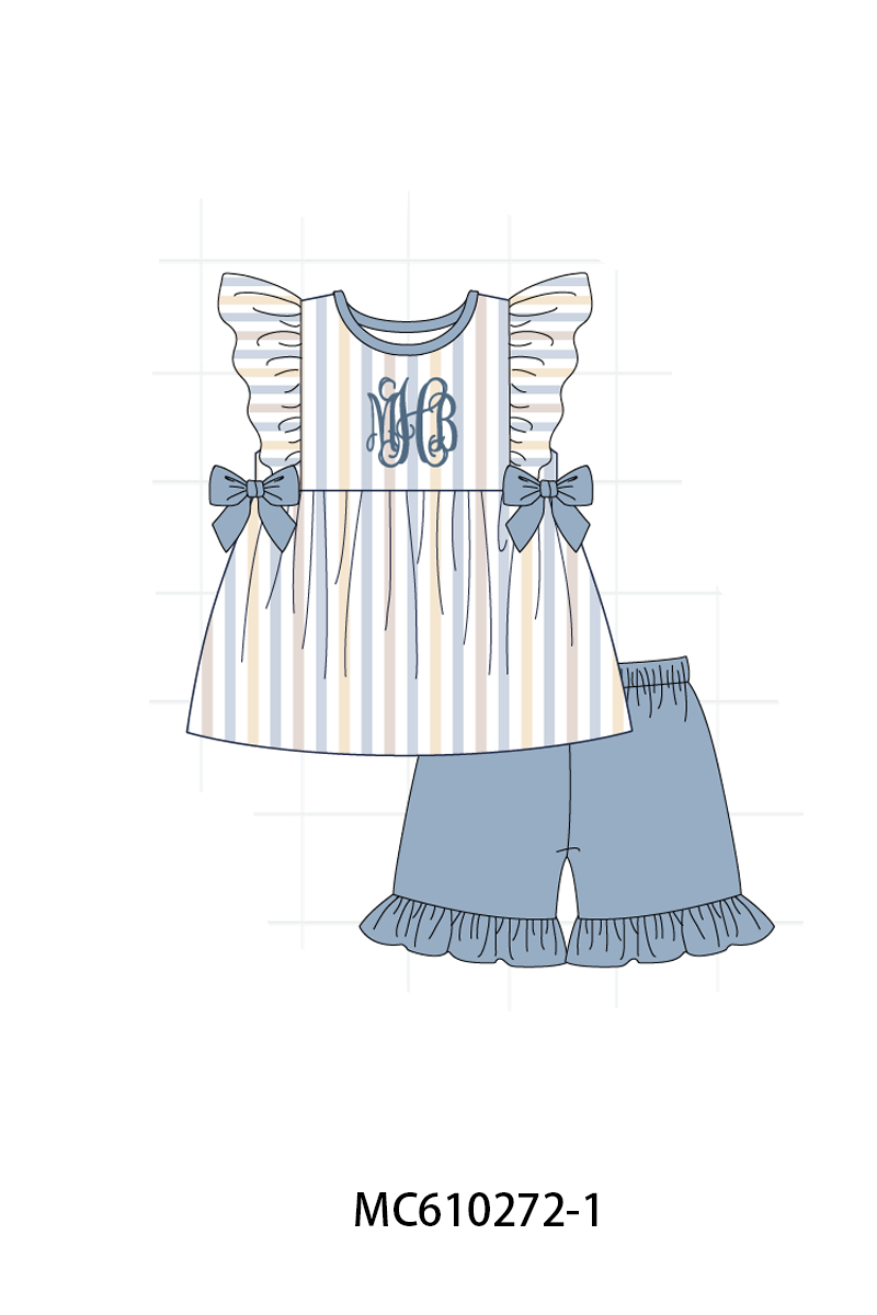 PO108 Blue stripe monogram embroidery ruffle collection 1 - closing 10/26 - ETA march