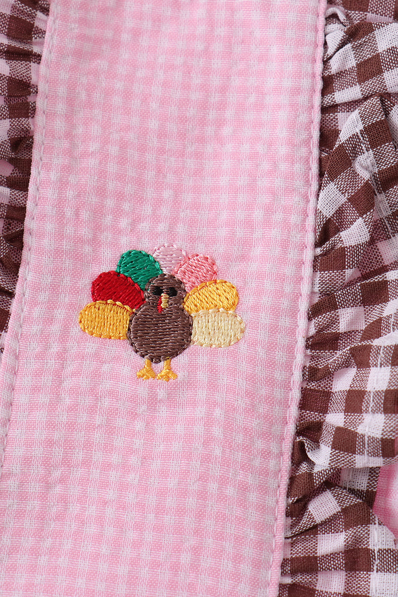 Pink turkey embroidery ruffle gingham dress