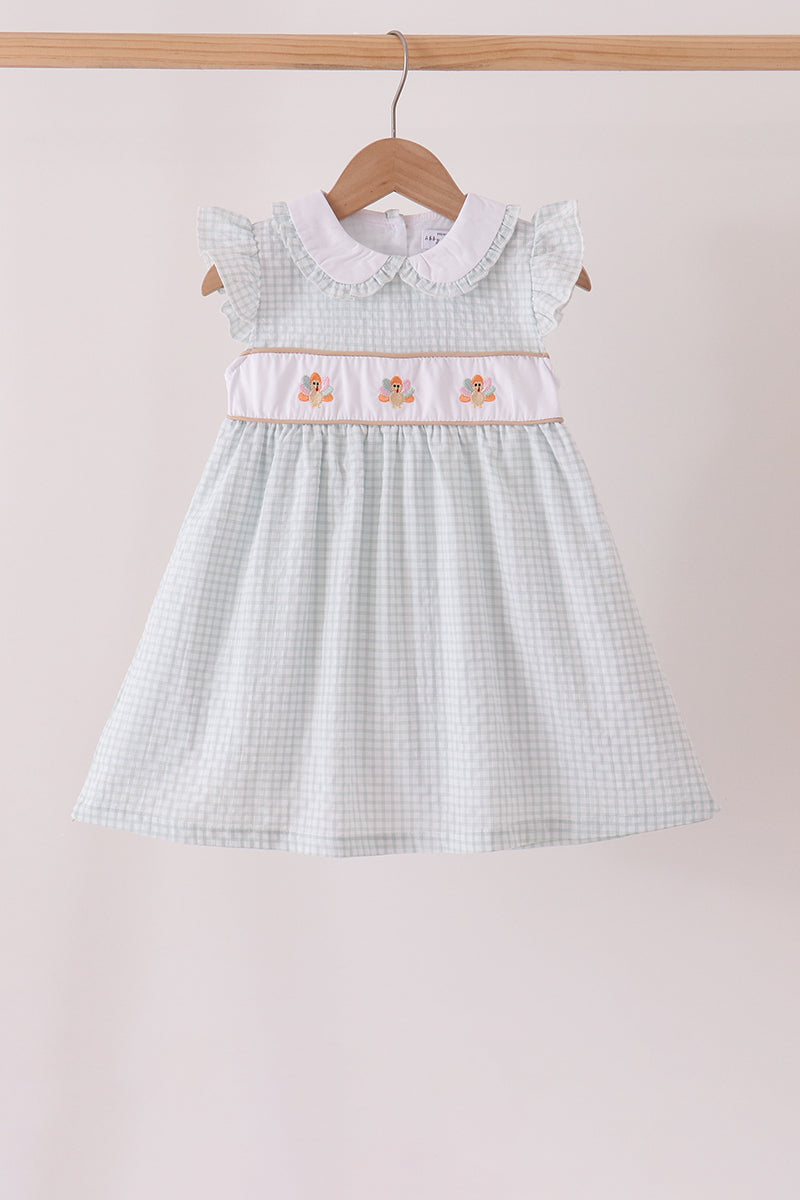 Green plaid turkey embroidery ruffle dress