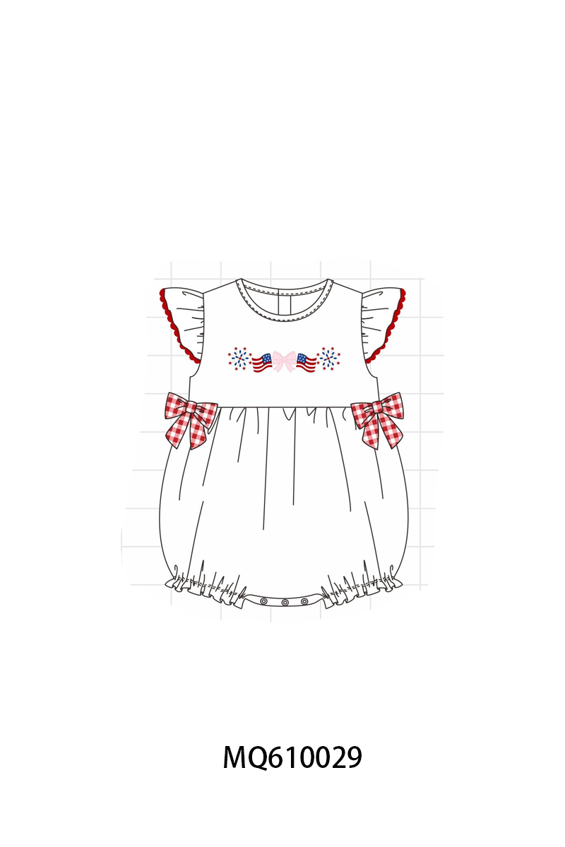 PO109 White Patriotic flage bow embroidery ruffle collection -closing 11/2- ETA May