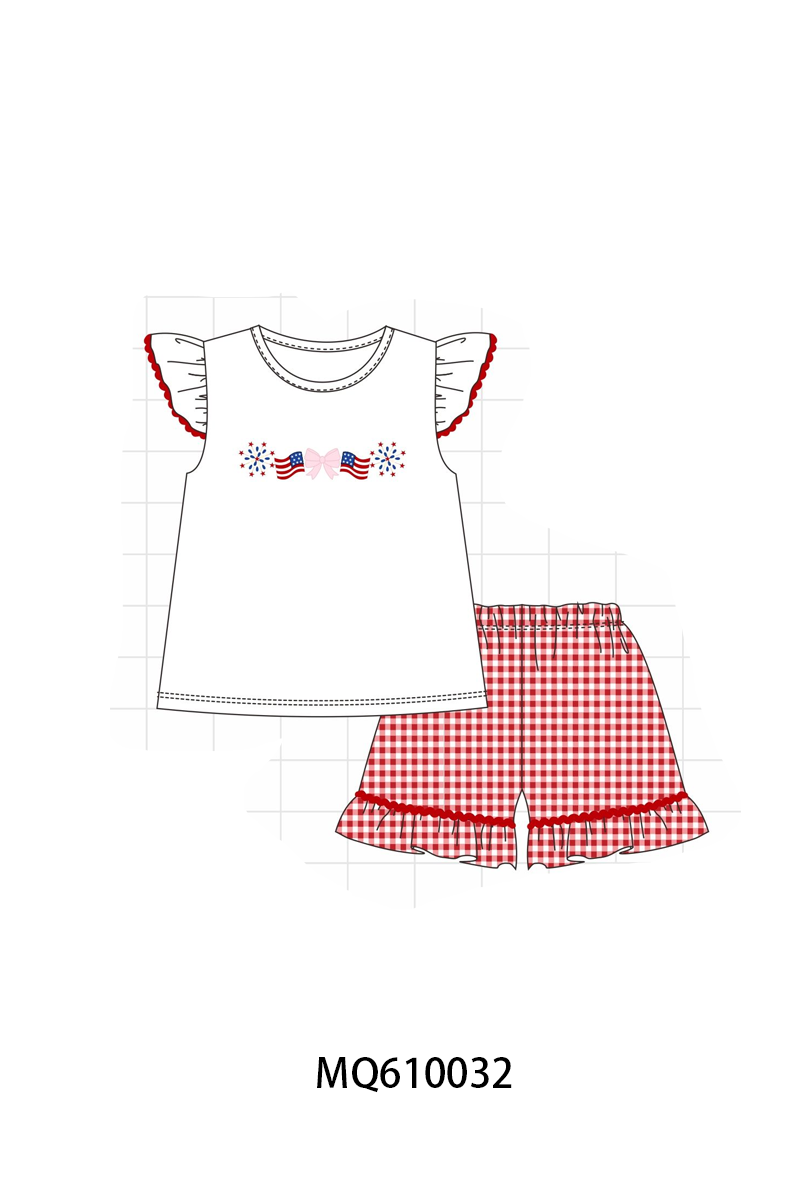 PO109 White Patriotic flage bow embroidery ruffle collection -closing 11/2- ETA May