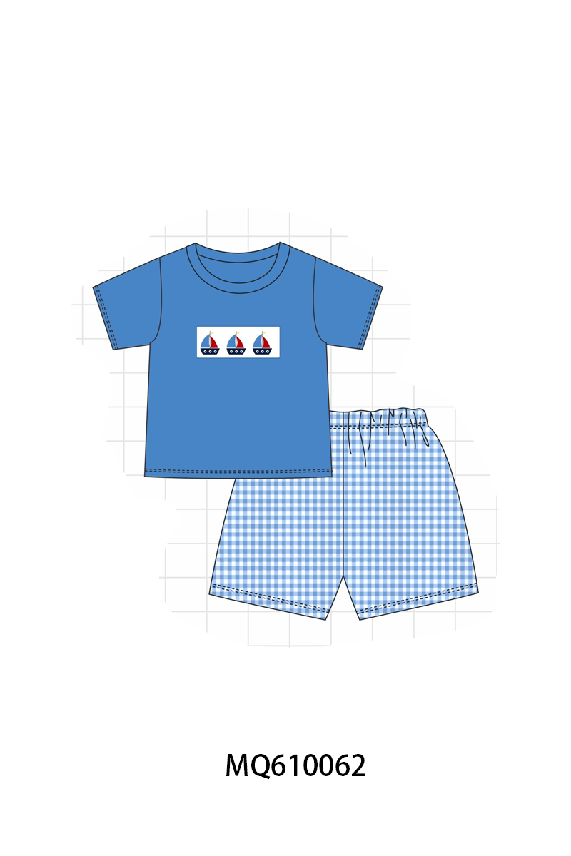 PO109 Blue sailboat embroidery gingham collection -closing 11/2- ETA May