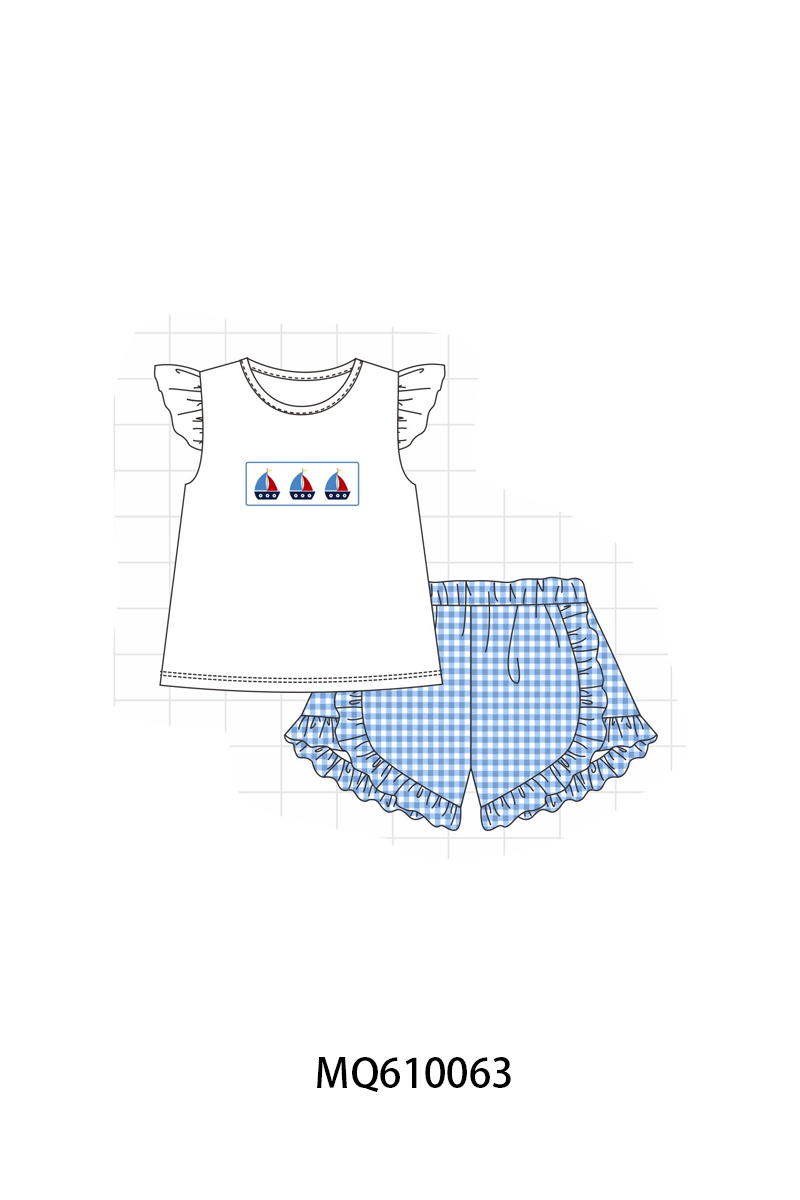 PO109 Blue sailboat embroidery gingham collection -closing 11/2- ETA May