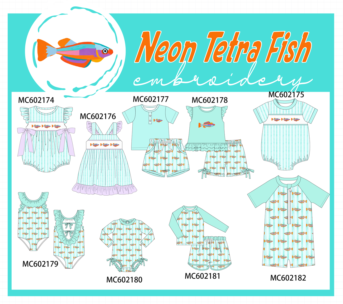 PO81 Mint neon tetra fish embroidery stripe ruffle collection - closing 2/16 - ETA July