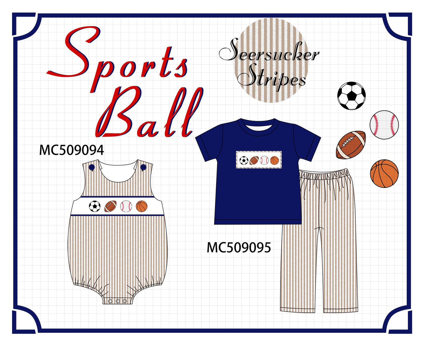 PO65 Navy stripe sports ball embroidery collection  - closing 9/15- ETA late January