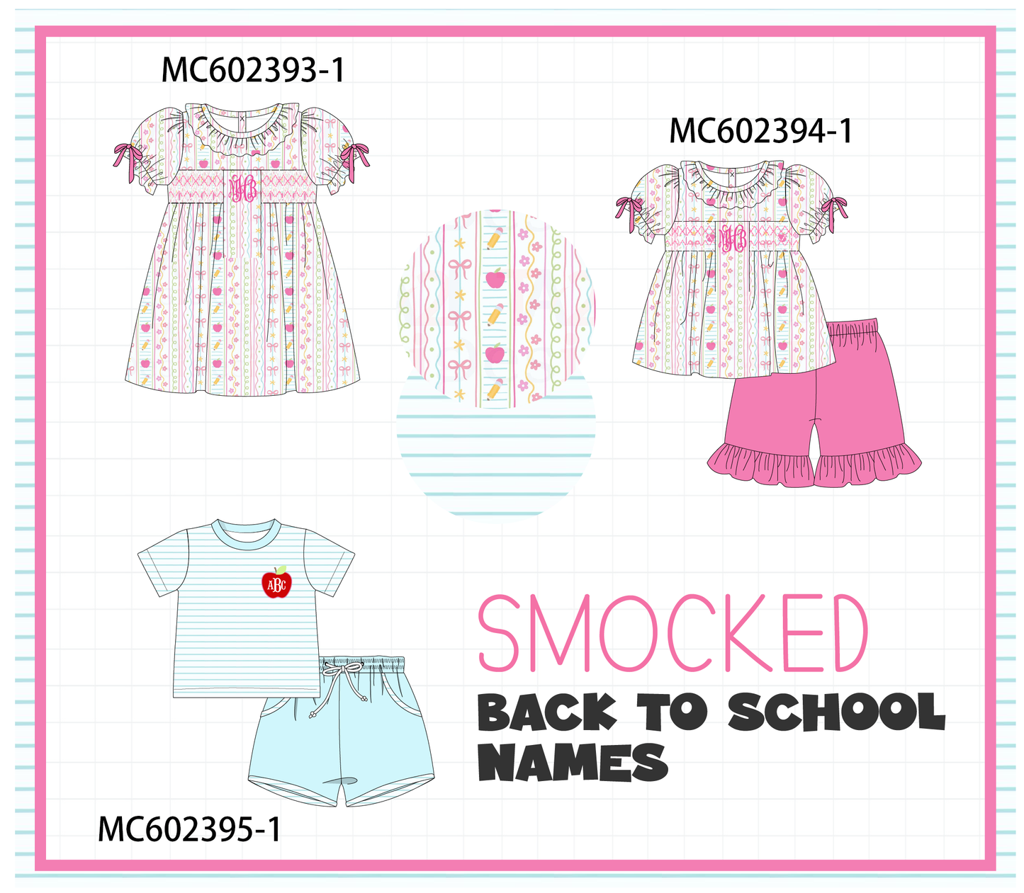 PO82 Pink&blue apple back to school monogram smocked collection - closing 3/2 - ETA July