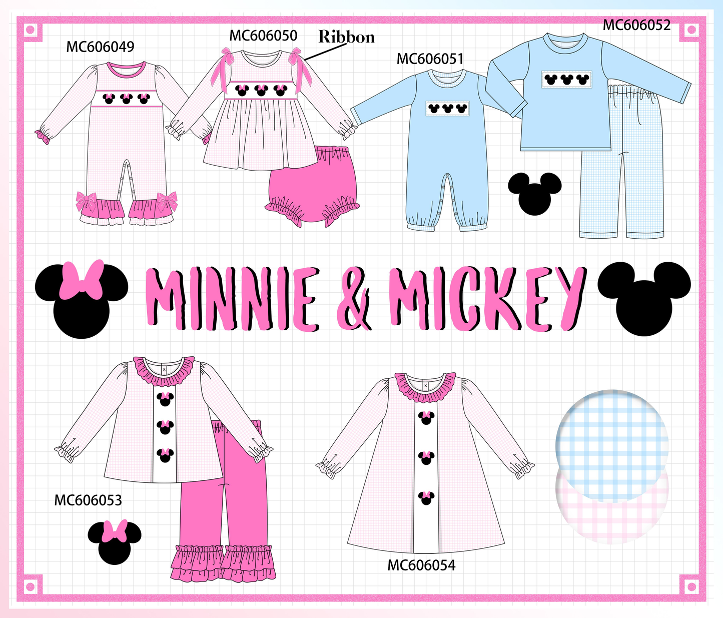 PO95 Pink&blue character embroidery gingham collection
