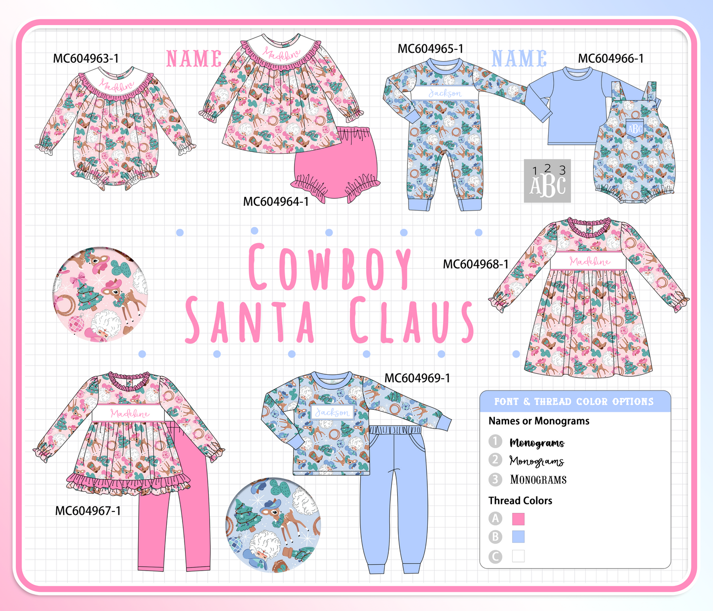 PO90 Pink&blue christams cowboy monogram embroidery ruffle collection - closing 5/11 - ETA early October