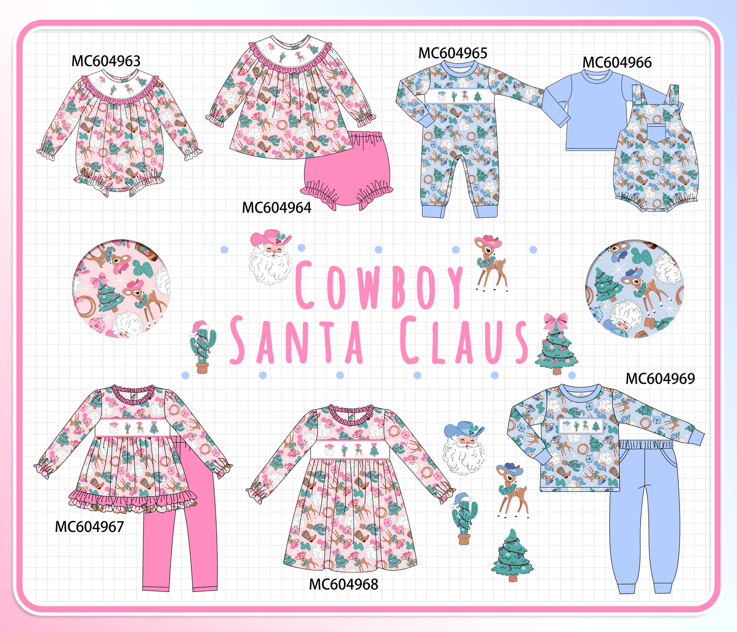 PO90 Pink&blue cowboy santa claus embroidery ruffle collection - closing 5/11 - ETA early October