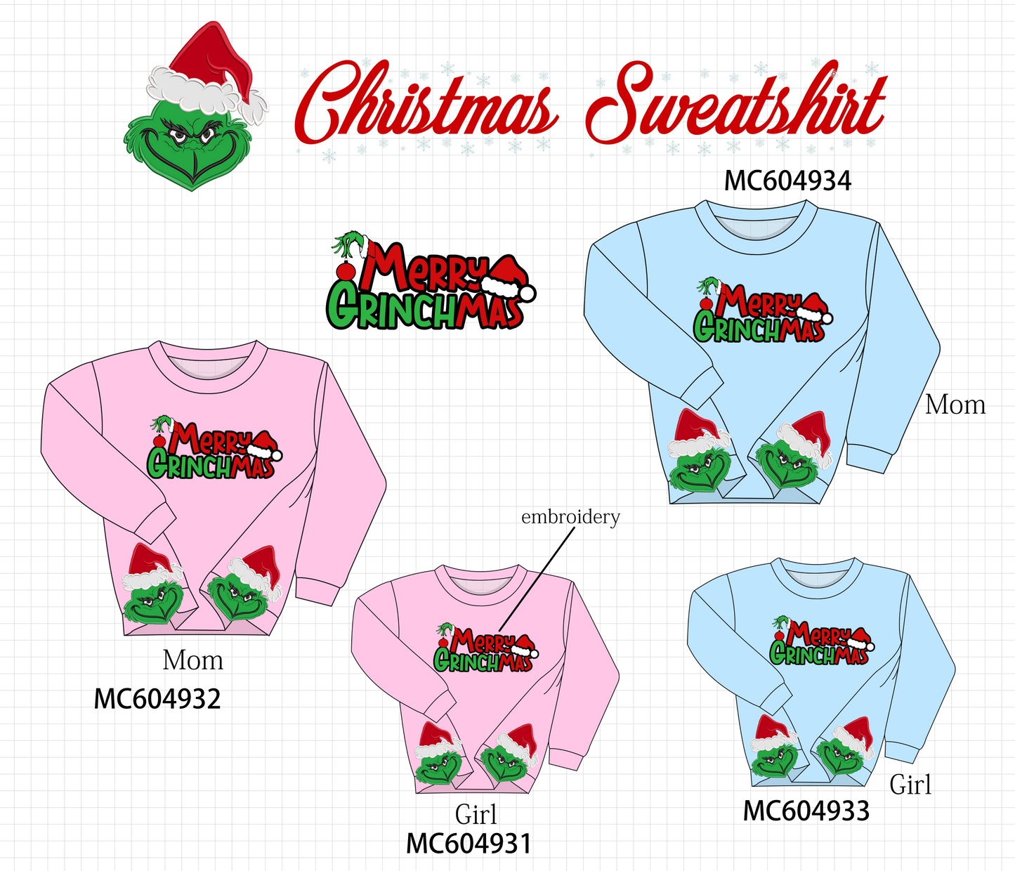 PO90 Pink&blue merry christmas grinch applique mom&me sweatshirt collection - closing 5/11 - ETA early October