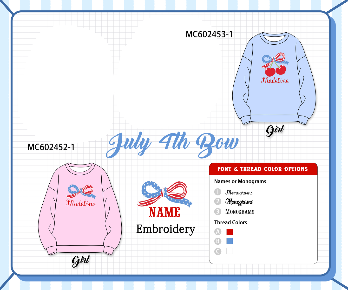 PO82 Pink&blue patriotic bow monogram embroidery collection - closing 3/2 - ETA July