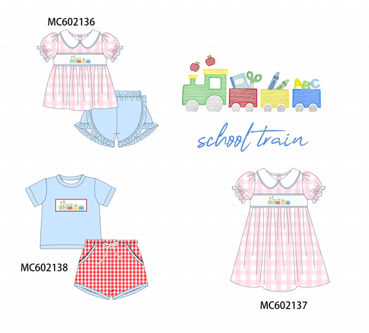 PO81 Pink&blue school train embroidery gingham collection - closing 2/16 - ETA July