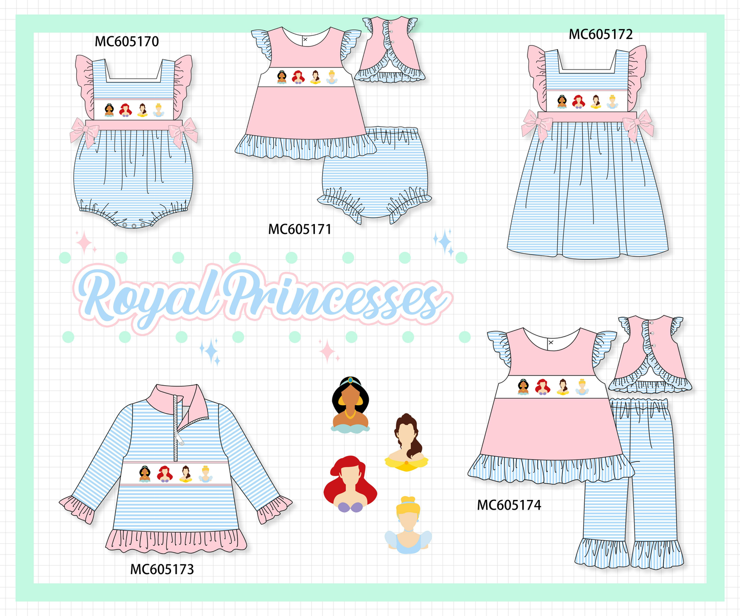 PO92 Pink&blue stripe princess embroidery ruffle collection - closing 5/25 - ETA late October