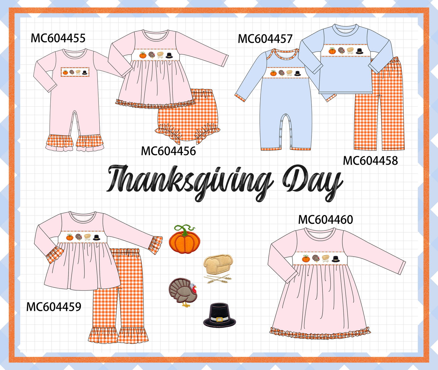 PO88 Pink&blue thankgiving day turkey embroidery gingham collection- closing 4/27 - eta late September