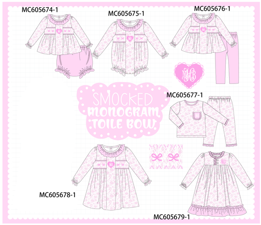 PO95 Pink bow monogram embroidery smocked ruffle collection - closing 6/22 - ETA late November