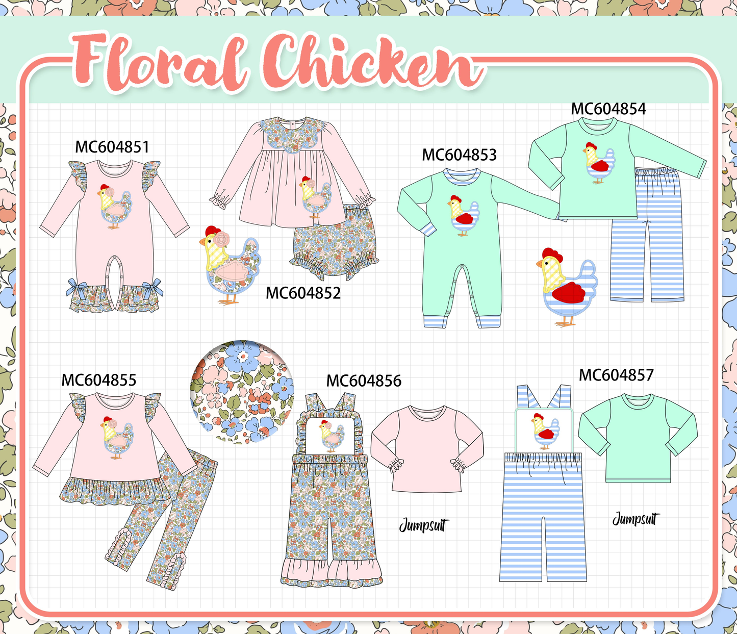 PO90 Pink&green chicken floral applique collection - closing 5/11 - ETA early October