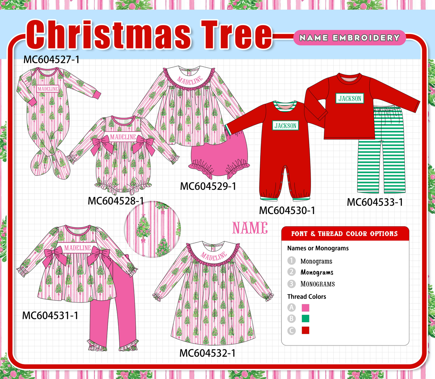 PO88 Pink&red christmas tree monogram embroidery stripe collection - closing 4/27 - eta late September