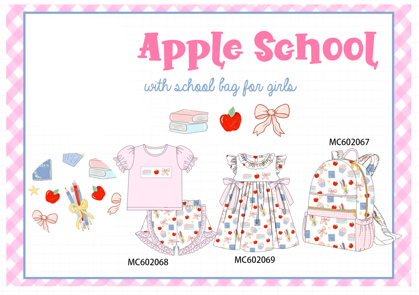 PO81 Pink back to school apple book bow embroidery collection - closing 2/16 - ETA July