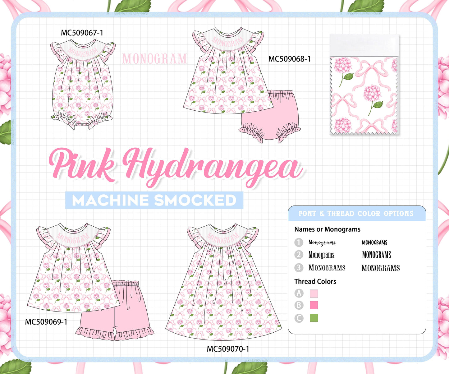PO65 Pink bow hydrangea monogram smocked collection  - closing 9/15- ETA late January