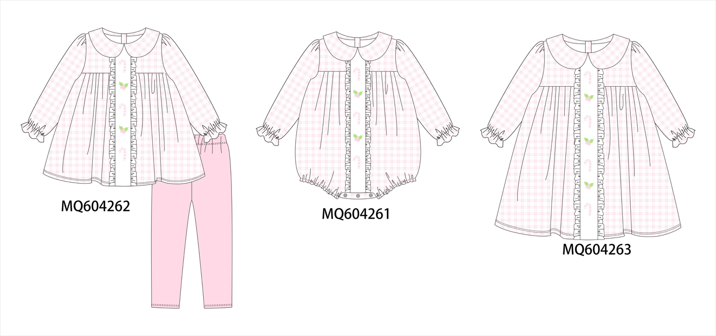 PO89 Pink christmas candy cane holly embroidery plaid ruffle collection - closing 5/4 - ETA late october