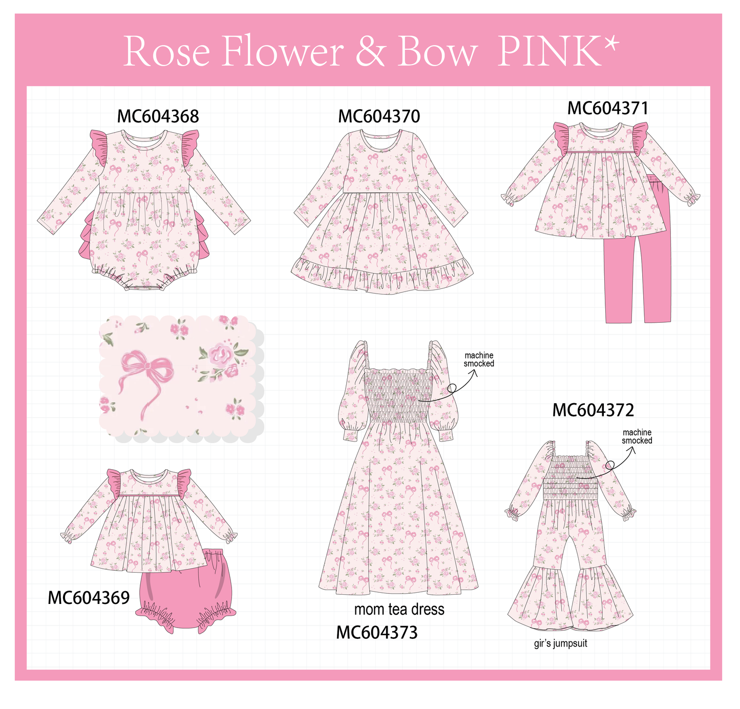 PO86 Pink rose floral bow print collection  - closing 4/13 - ETA early September