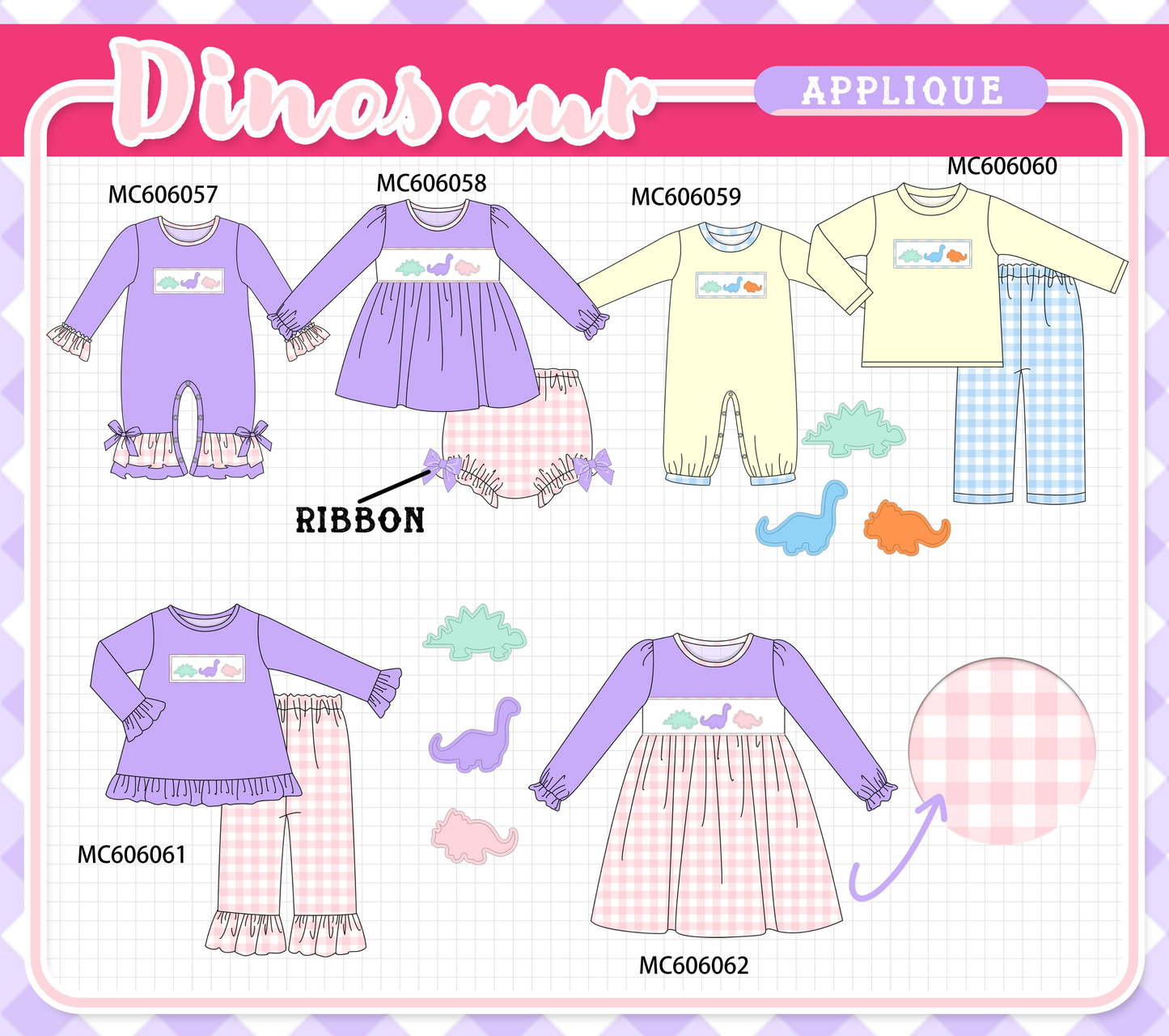 PO95 Purple&mustard dinosaur applique gingham collection