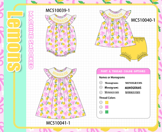 PO69 Purple bow lemon monogram smocked collection- closing 10/27 - eta early march