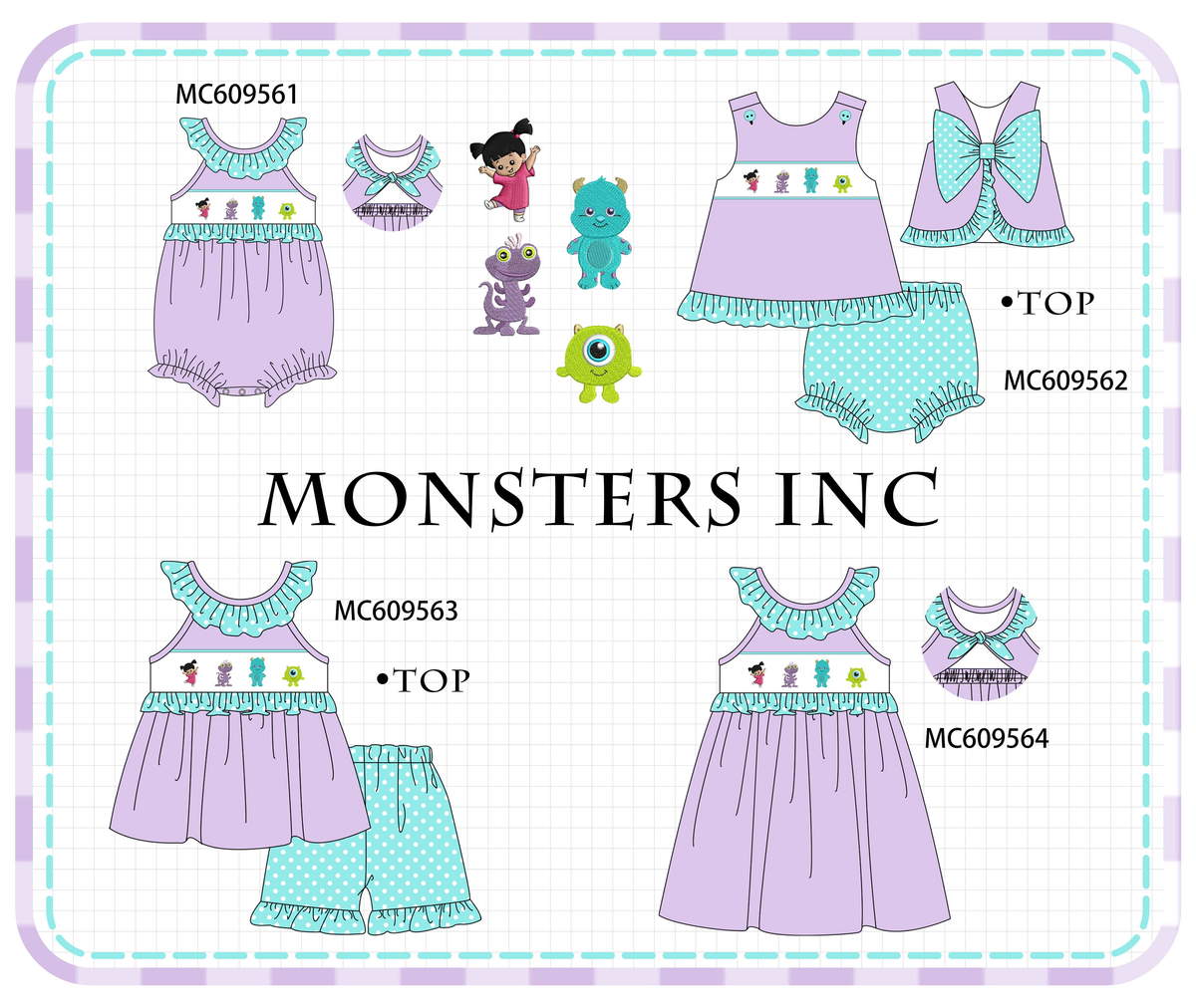 PO104 Purple monster embroidery ruffle dot collection - closing 9/14 - ETA February