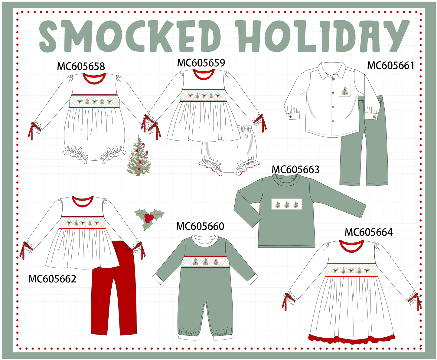 PO93 Red&sage christmas tree holly smocked collection  - closing 6/8 - ETA November